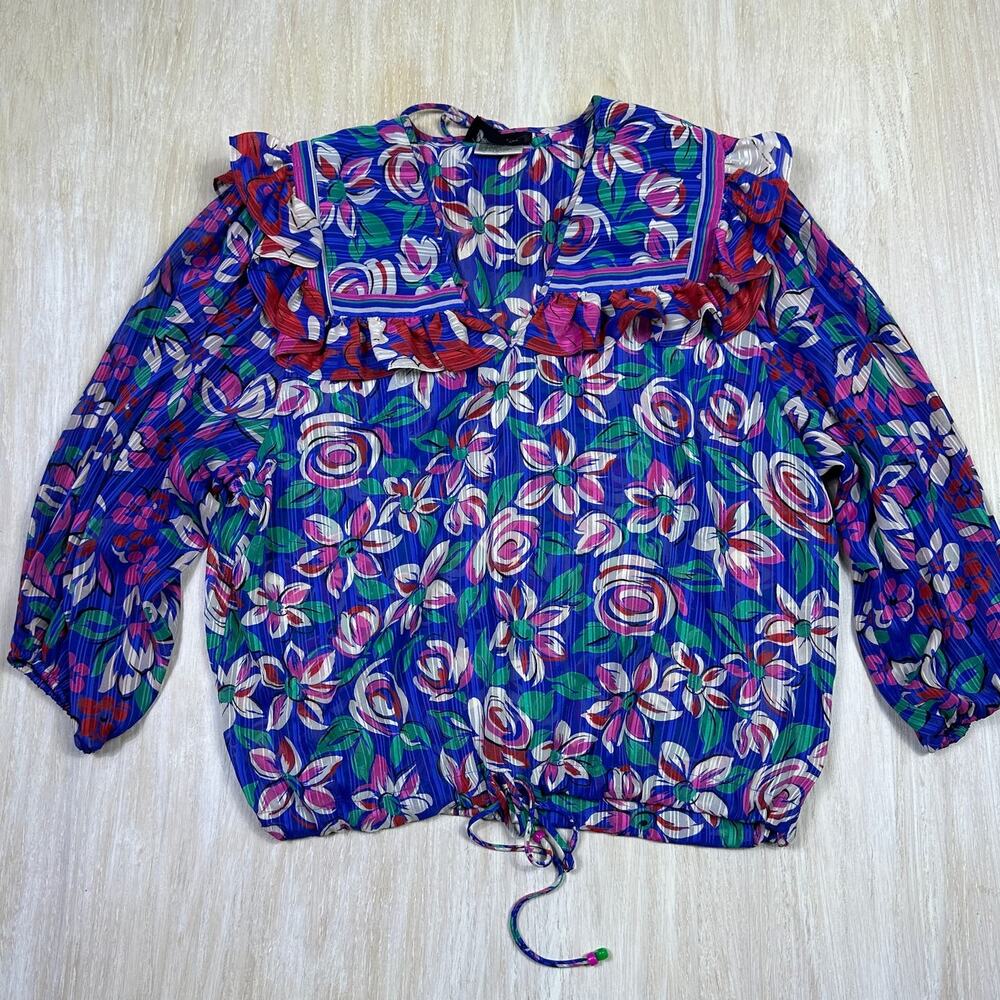 Vintage Diane Freis Blue Multicolor Floral V-Neck Blouse Shoulder Pads One Size